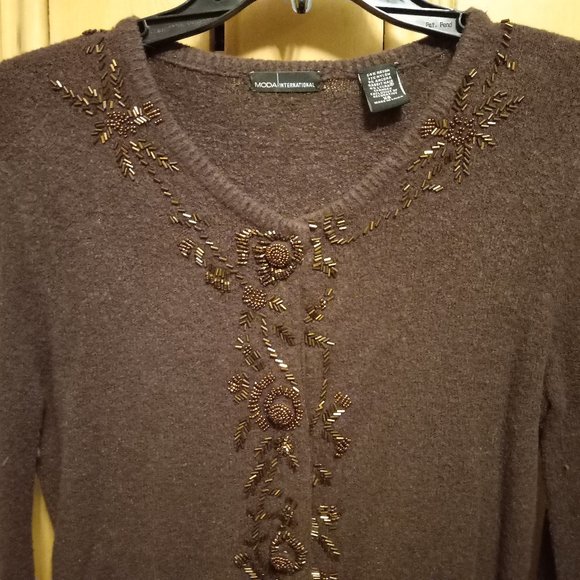 Moda International Chocolate Brown Button-Down Beaded Sweater Size XS (T-335) - Picture 4 of 8